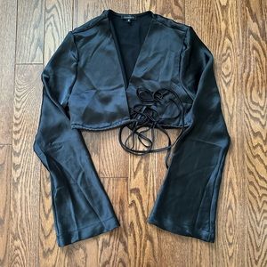 Dynamite cropped bell sleeved toe wrap satin blouse